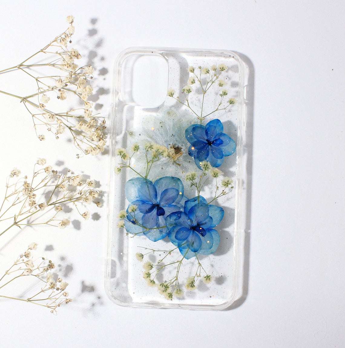Real Dried Pressed Flower Hydrangea Glitter Phone Case