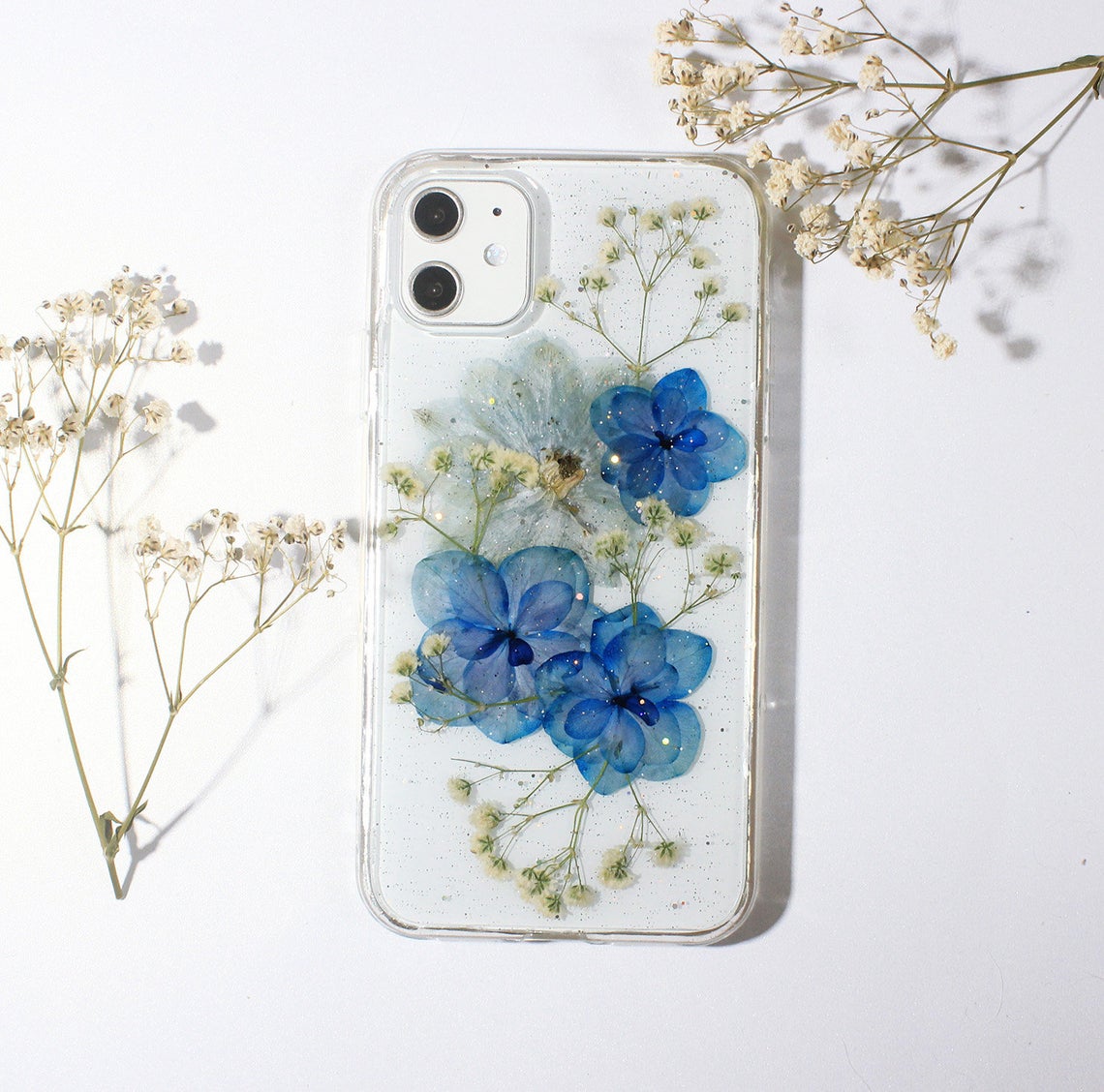 Real Dried Pressed Flower Hydrangea Glitter Phone Case
