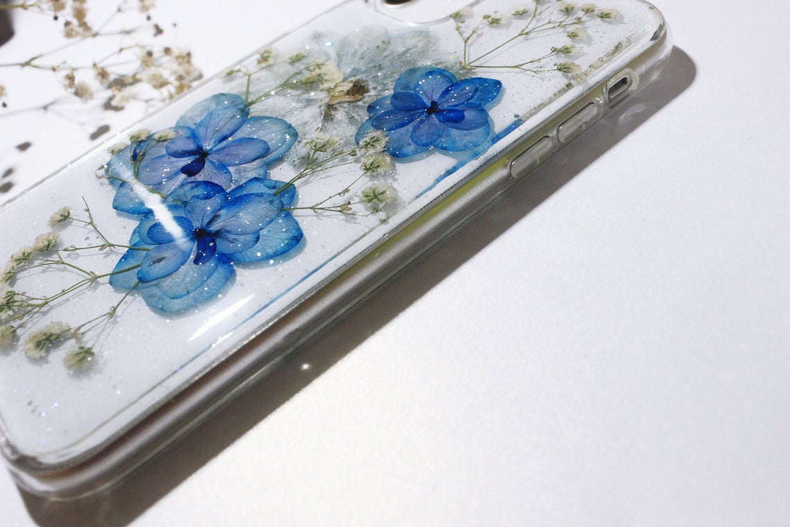 Real Dried Pressed Flower Hydrangea Glitter Phone Case