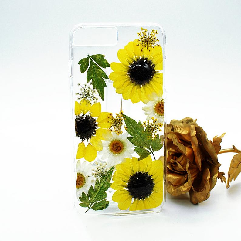 Sunflower real dried pressed flower phone case