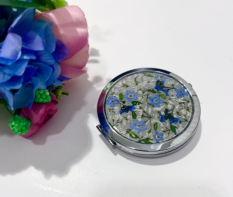 Pressed flower Forget Me Not Compact Mirror