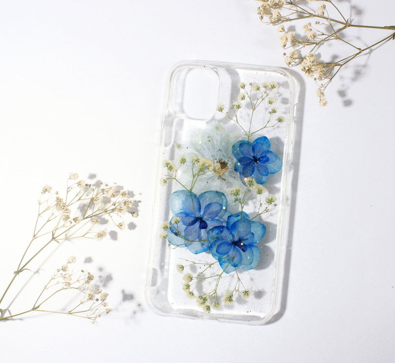 Handmade Real Natural Pressed Hydrangea Floral Glitter Phone Case